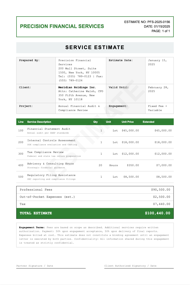 Financial statement service estimate